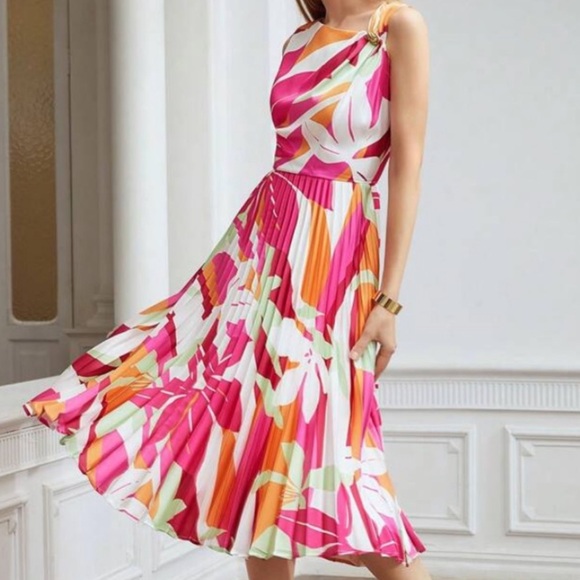 (M) MOTF FLORAL PLEATED ASYMMETRIC-NECK MIDI DRESS - Picture 3 of 8